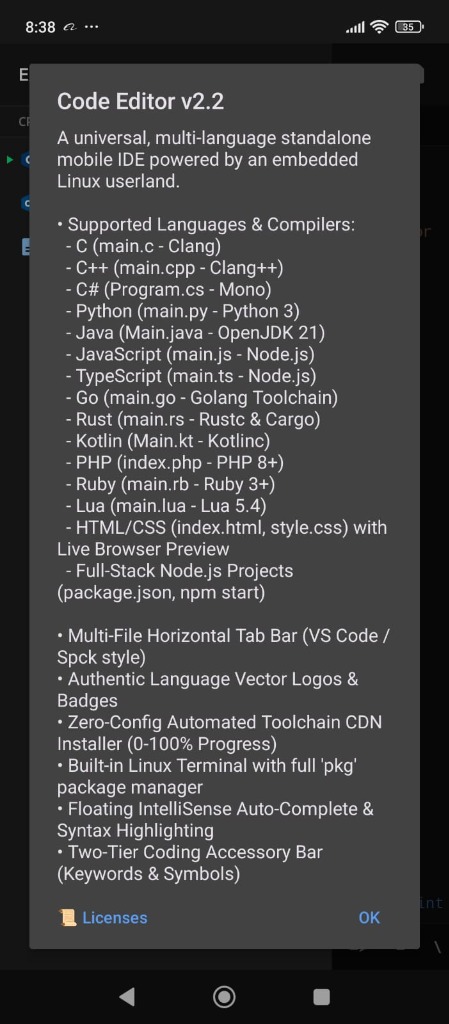 Code Editor v2.2 About Specifications Dialog
