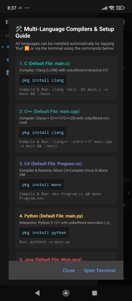 In-App Guide: C, C++, C#, Python