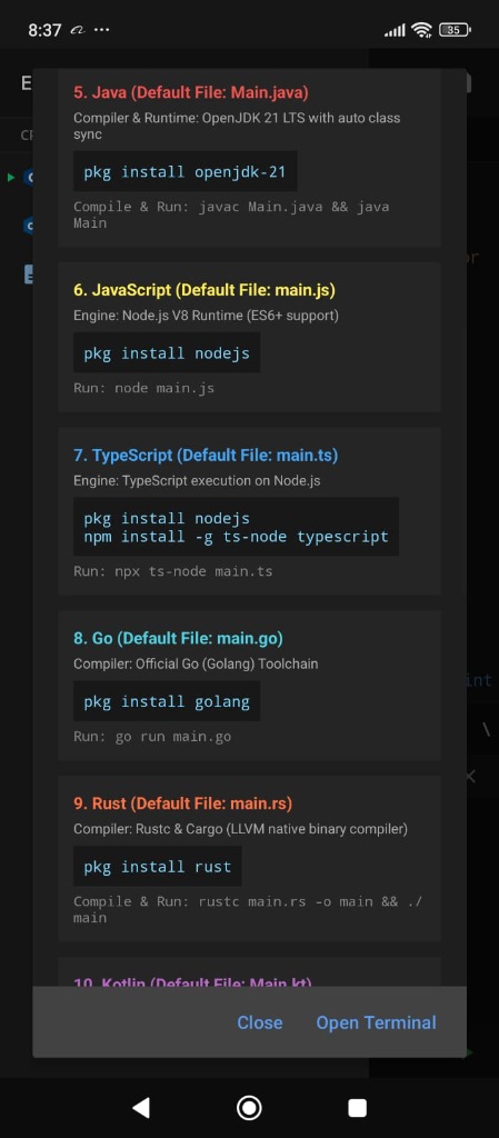 In-App Guide: Java, Node, TypeScript, Go, Rust