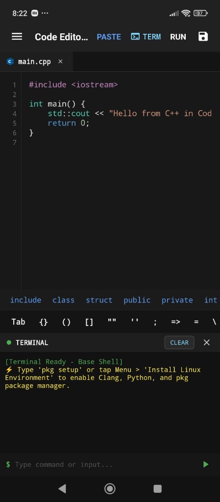 First Launch Main Screen with Terminal Hint