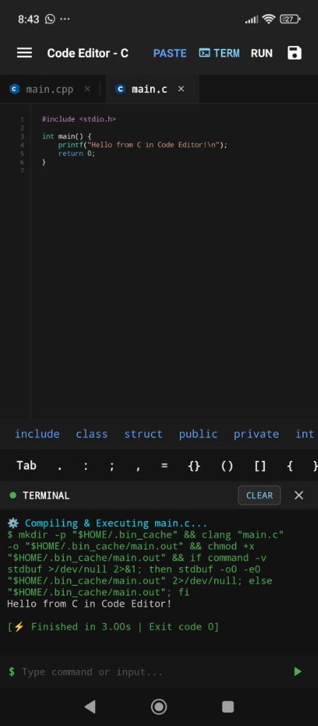 Multi Tab Bar with main.cpp and main.c running Clang C